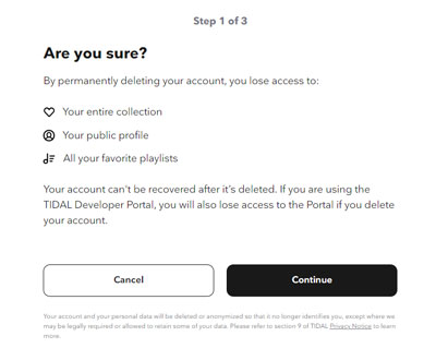confirm delete tidal account web