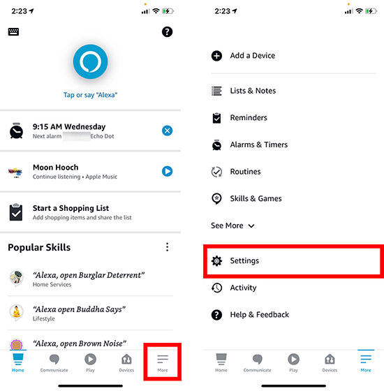 go to settings on alexa app