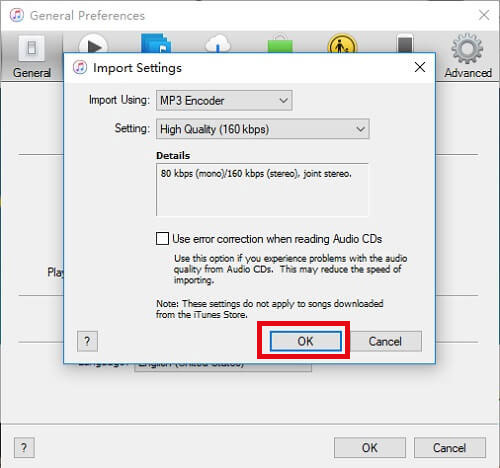 customize import settings as mp3 encoder with high quality