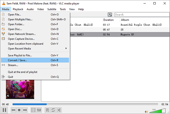 convert and save option in vlc media player