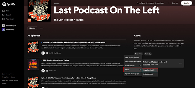 copy spotify episode link on web player