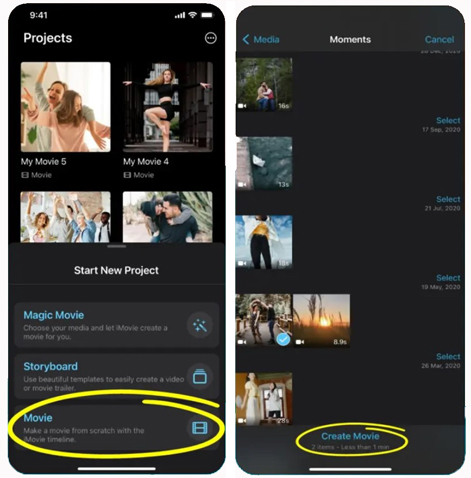 create new project in imovie on iphone