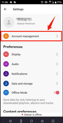 account management on deezer mobile app