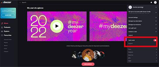 turn on deezer dark mode on the web