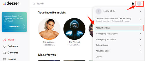 account settings option on deezer desktop platform