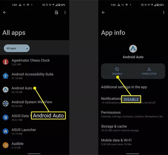 disable android auto for cars