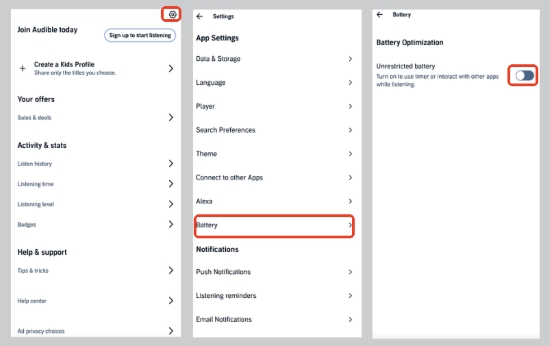 turn on the unrestricted battery for audible on android