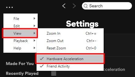 turn off spotify hardware acceleration via view section