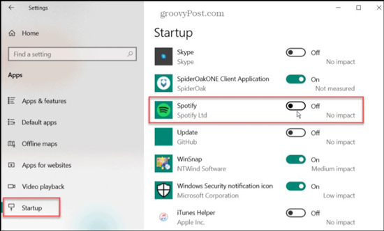 turn off spotify startup via windows settings