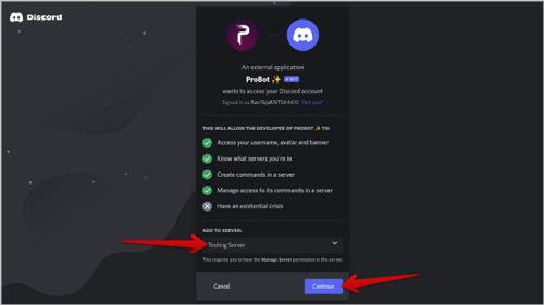 probot connect to authorize discord server