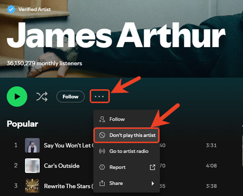 dislike spotify song by dont play this artist on page
