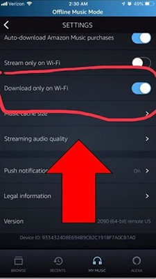 turn off download only on wifi to solve amazon music not downloading