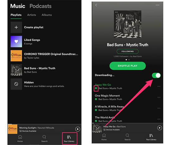 mark spotify playlist for offline sync mobile via download button