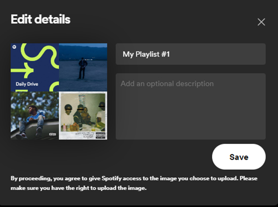 edit details for created spotify playlist