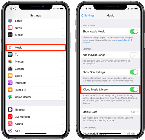 head to music option on ios settings app