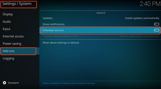 allow unknown sources in kodi