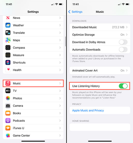 turn on use listening history feature on ios