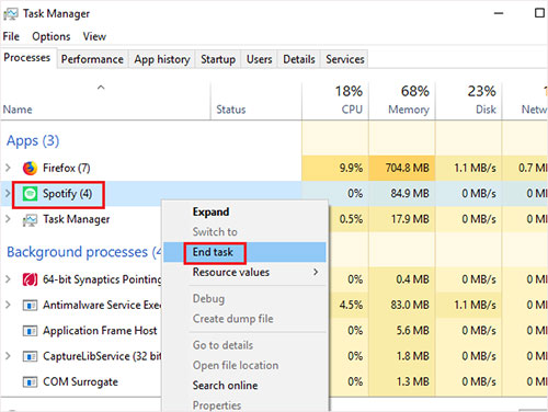 end spotify process on windows