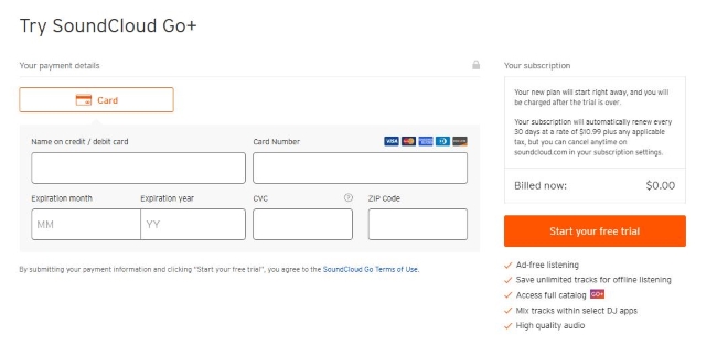 enter payment details on soundcloud