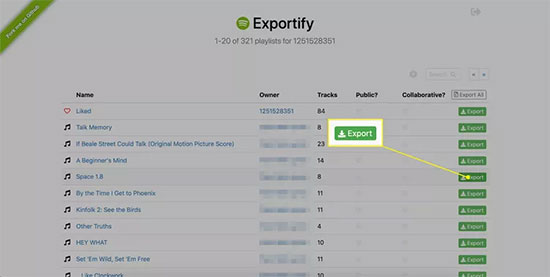 export a spotify playlist as text via exportify