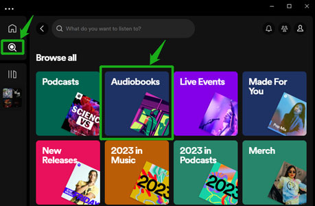 find spotify audiobooks via browse all section