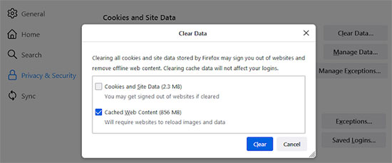 firefox clear cache cookies