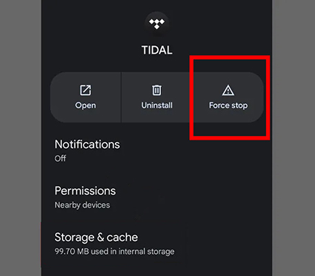 force stop tidal app to fix tidal not working