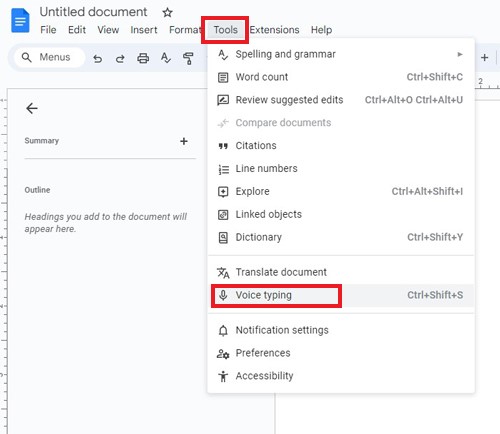 voice typing feature on google docs