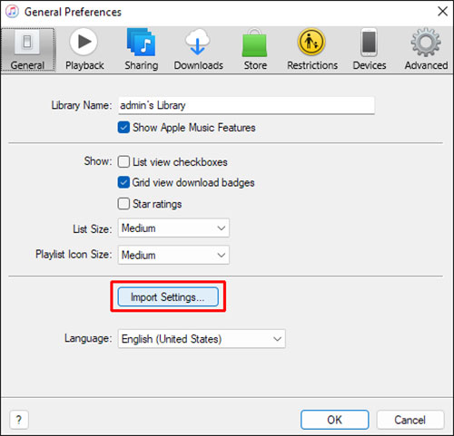 import settings on itunes windows