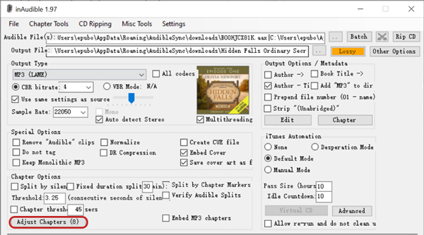 adjust chapters for audible books on inaudible