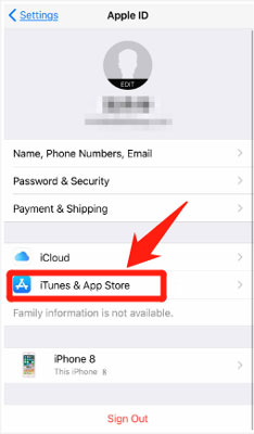 go to itunes and app store section on iphone settings app