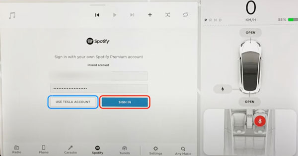 login and play spotify on tesla model 3