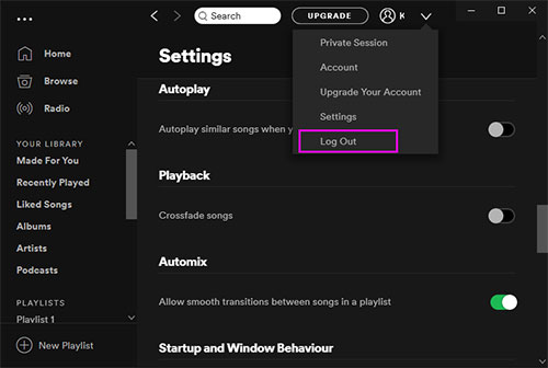 fix spotify not searching by logging out of spotify account on desktop app