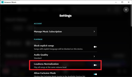 turn off amazon music loudness normalization on desktop