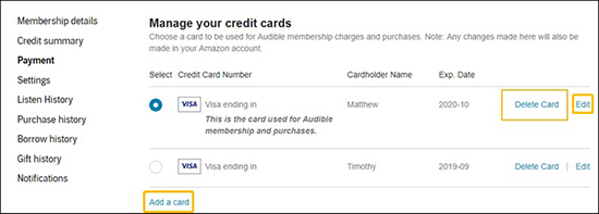 edit credit cards to fix audible books not showing up