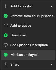 mark spotify podcast as unplayed