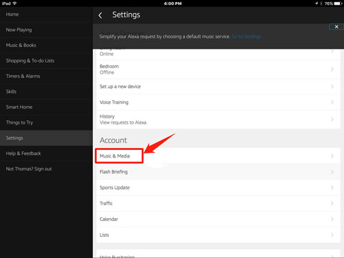 go to music and media option in alexa app