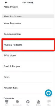 music and podcasts section in alexa app