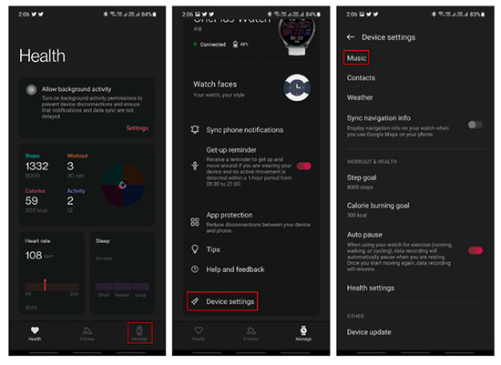 music settings on oneplus health app