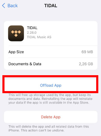 offload tidal app on iphone