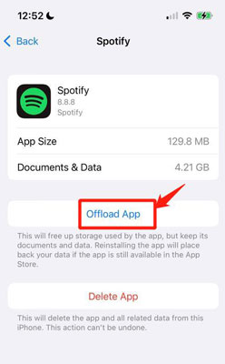 fix spotify says offline on iphone by setting spotify offload app