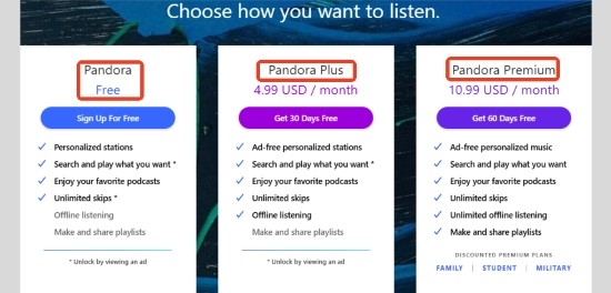pandora free plus premium comparison