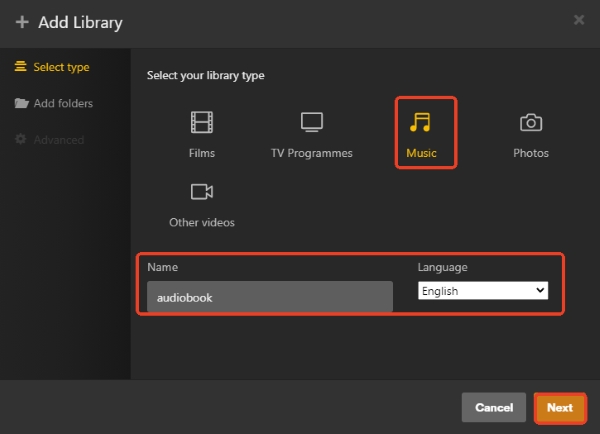 choose music under select type on plex
