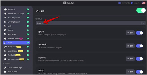 enable music freature for probot discord