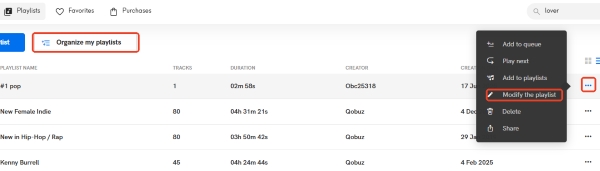 modify the playlist on qobuz