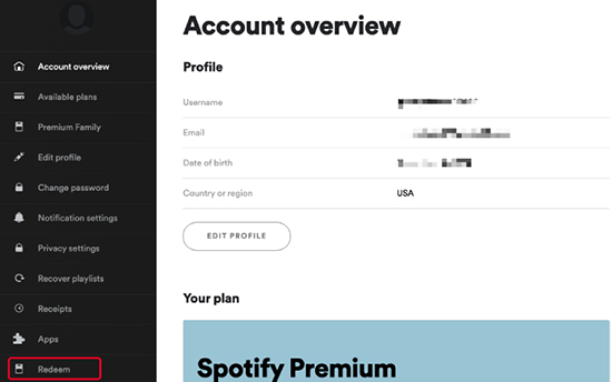click redeem on spotify account profile