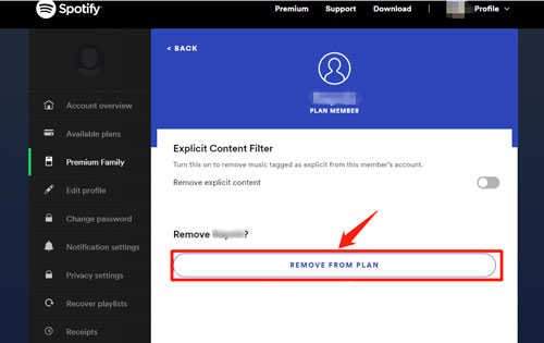 remove spotify family member from plan