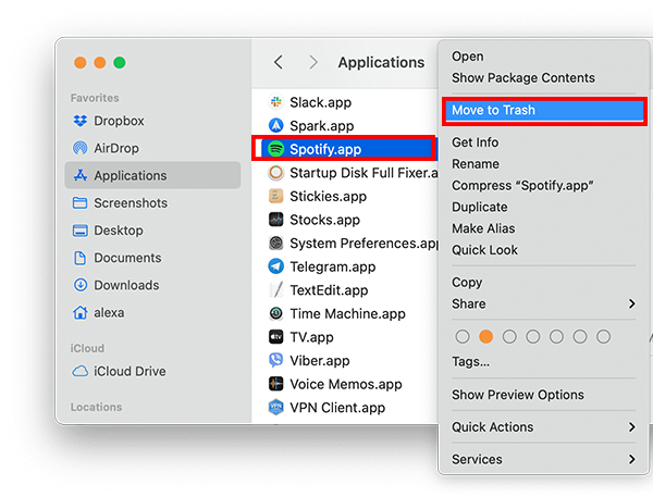 move spotify app to trash on mac