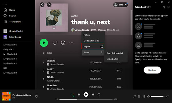 report button on spotify