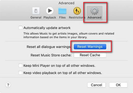 reset the itunes or apple music warning